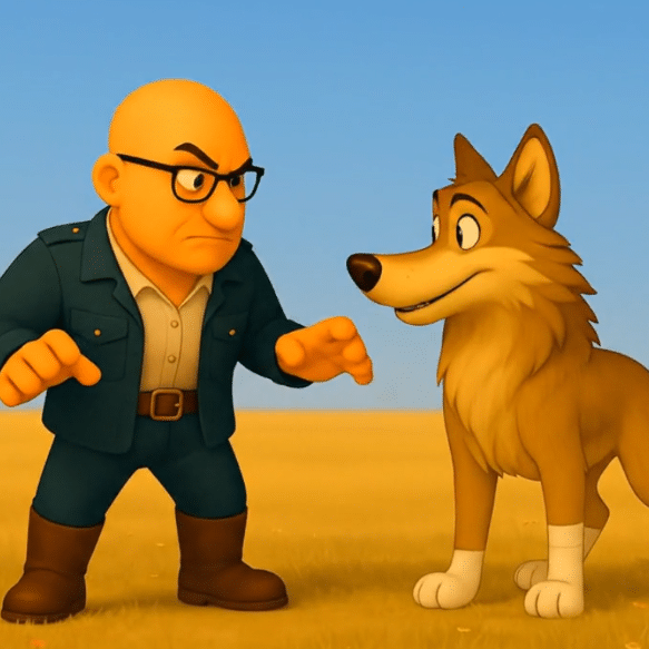 AI Cartoon Animation – Man, Horse and Playful Wolf Scene